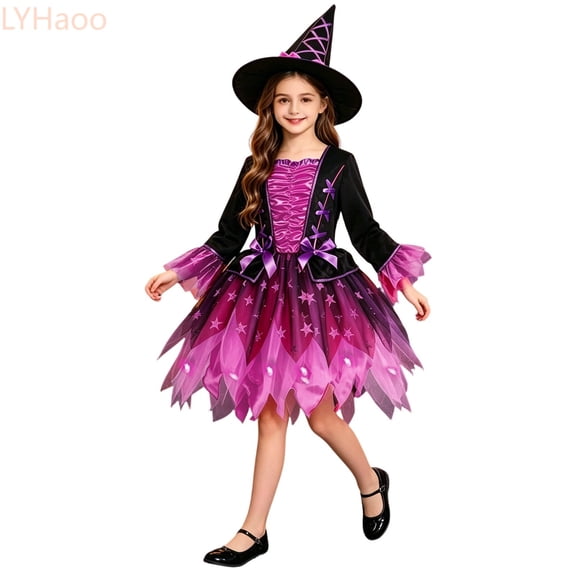 LYHaoo Girls Long Sleeve Witch Dresses with Hat, Halloween Tulle Party Dress Performance Gown for Toddler and Kids(2-3 Years)