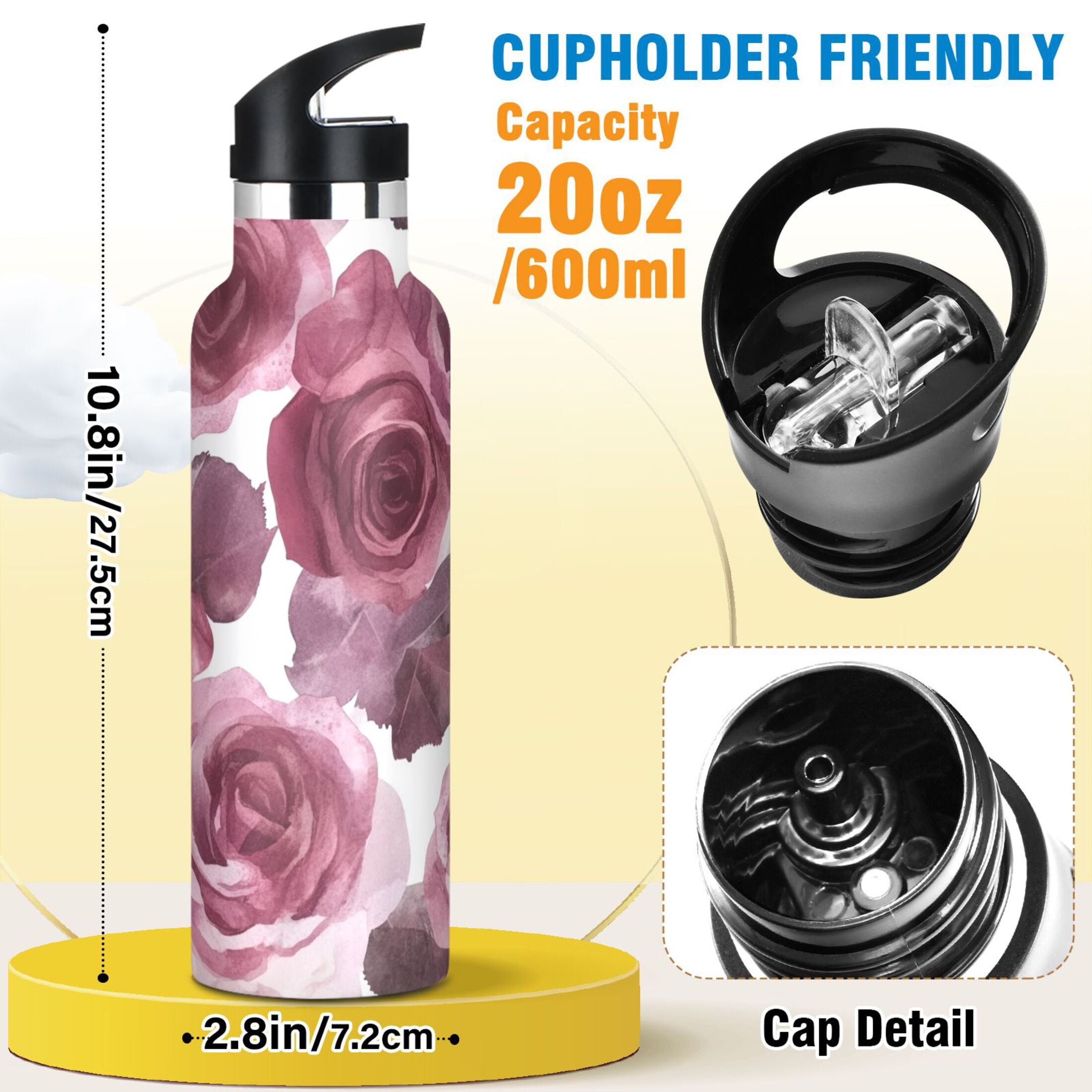 600ML Stainless Steel Insulated Cup Sports Water Bottle Portable Thermos Cup Water Glasses Insulated Tumblers Convenient and Durable Maroon Roses