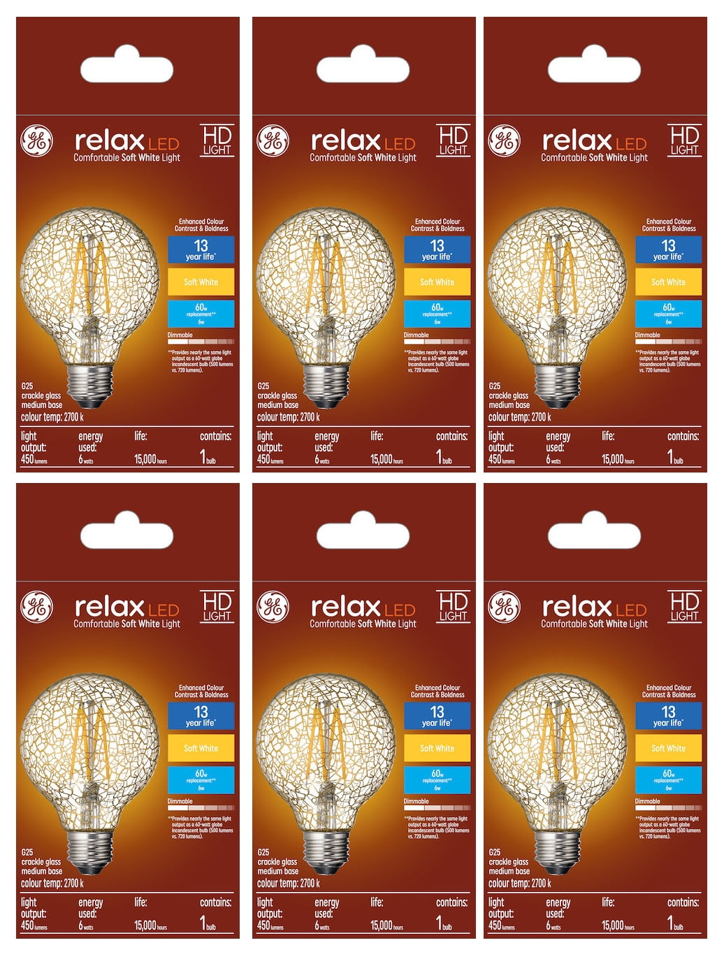 (case of 6) GE Lighting relax LED HD Soft White LED Decorative Crackle Glass G25 Globe, 6 watt, 450 lumen, medium base, Dimmable LED Light bulb