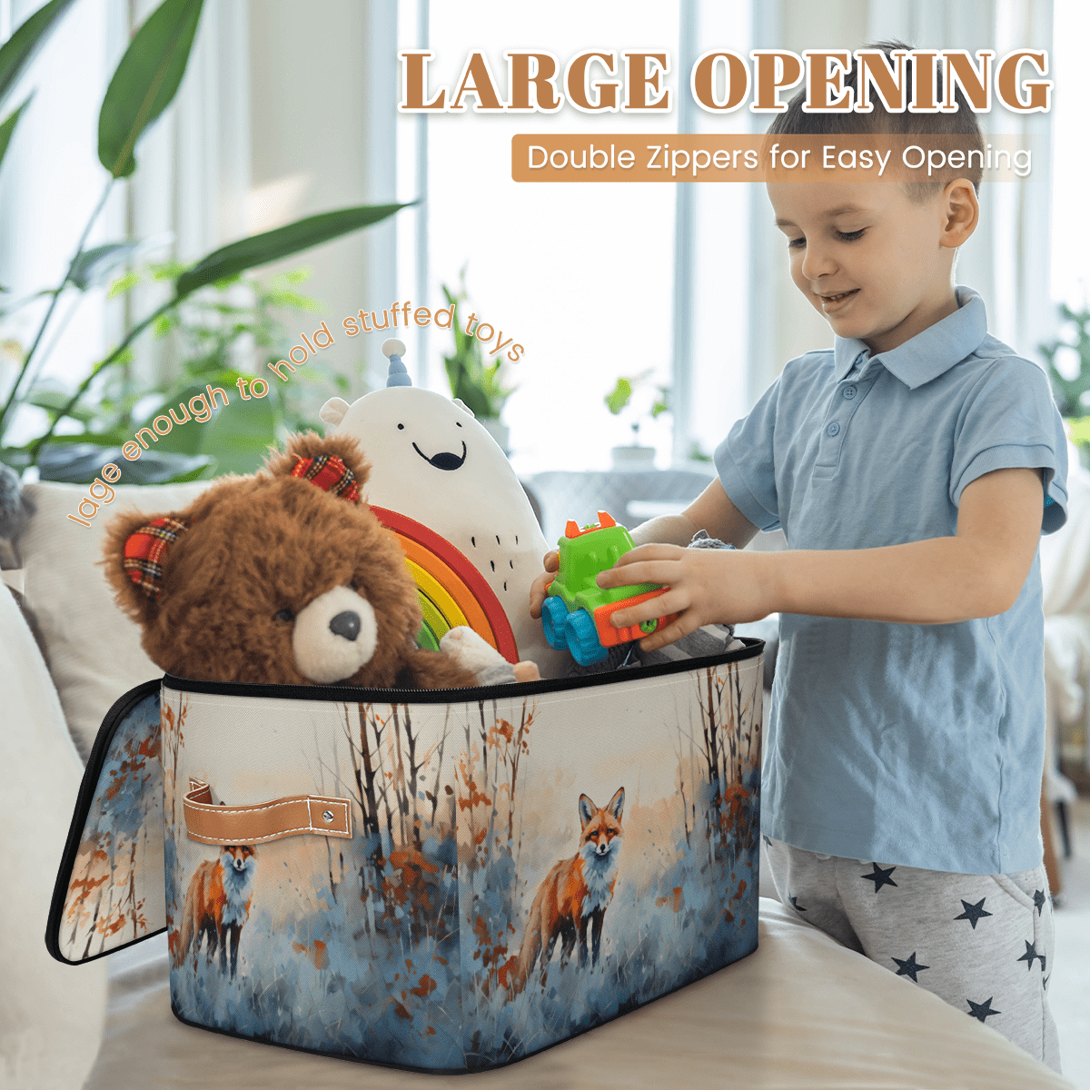 CURLYOOT Watercolor Fox Storage Bin with Zipper Lid, Fabric Decorative Lidded Storage Baskets Boxes, Foldable Organizer Container Basket for Bedroom Closet Shelf