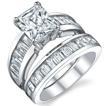 Sterling Silver 3 Carat Radiant Cut Cubic Zirconia Engagement Ring Wedding Bridal Set Rings With CZ