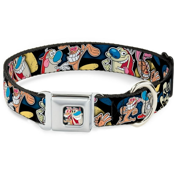 Nickelodeon Pet Collar, Dog Collar Metal Seatbelt Buckle, Ren Stimpy Poses Black Blue Yellow, 11 to 16.5 Inches 1.0 Inch Wide