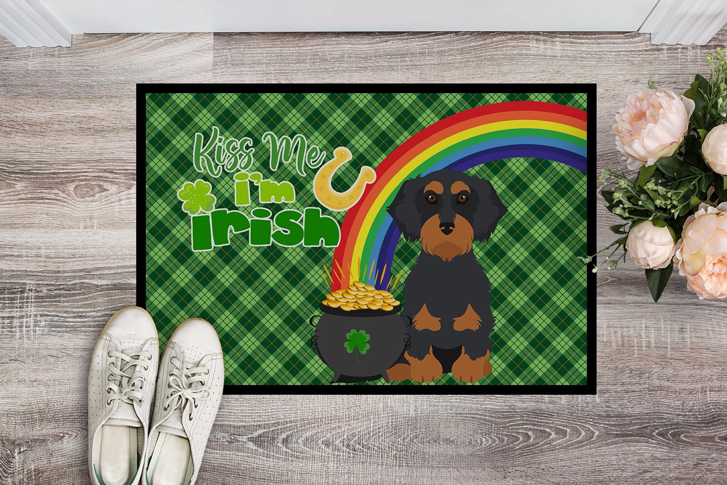 Wirehair Black and Tan Dachshund St. Patrick's Day Indoor or Outdoor Mat 24x36 36 in x 24 in