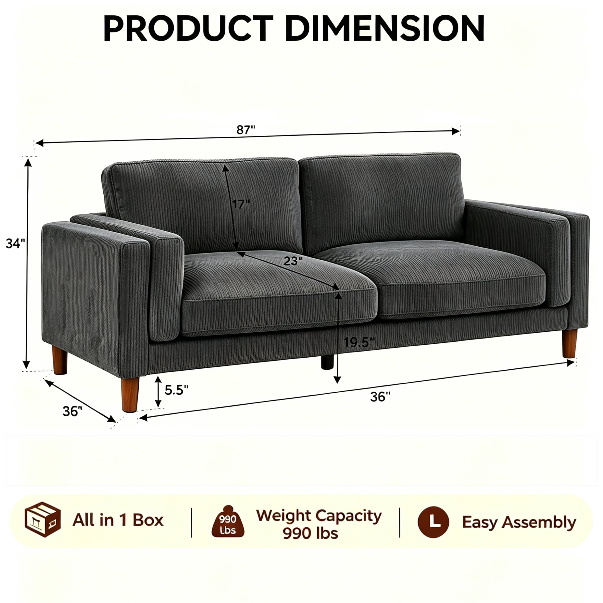 Aukfa 87" Oversized Modern Sofa Couch Deep Seat 3-Seater Sofa for Living Room, Wooden Legs, Corduroy, Gray