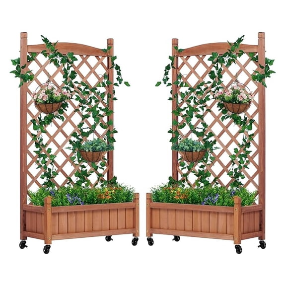 Raised Garden Bed with Trellis Set of 2, Outdoor Wood Planter Box & Plant Stand with Climbing Racks