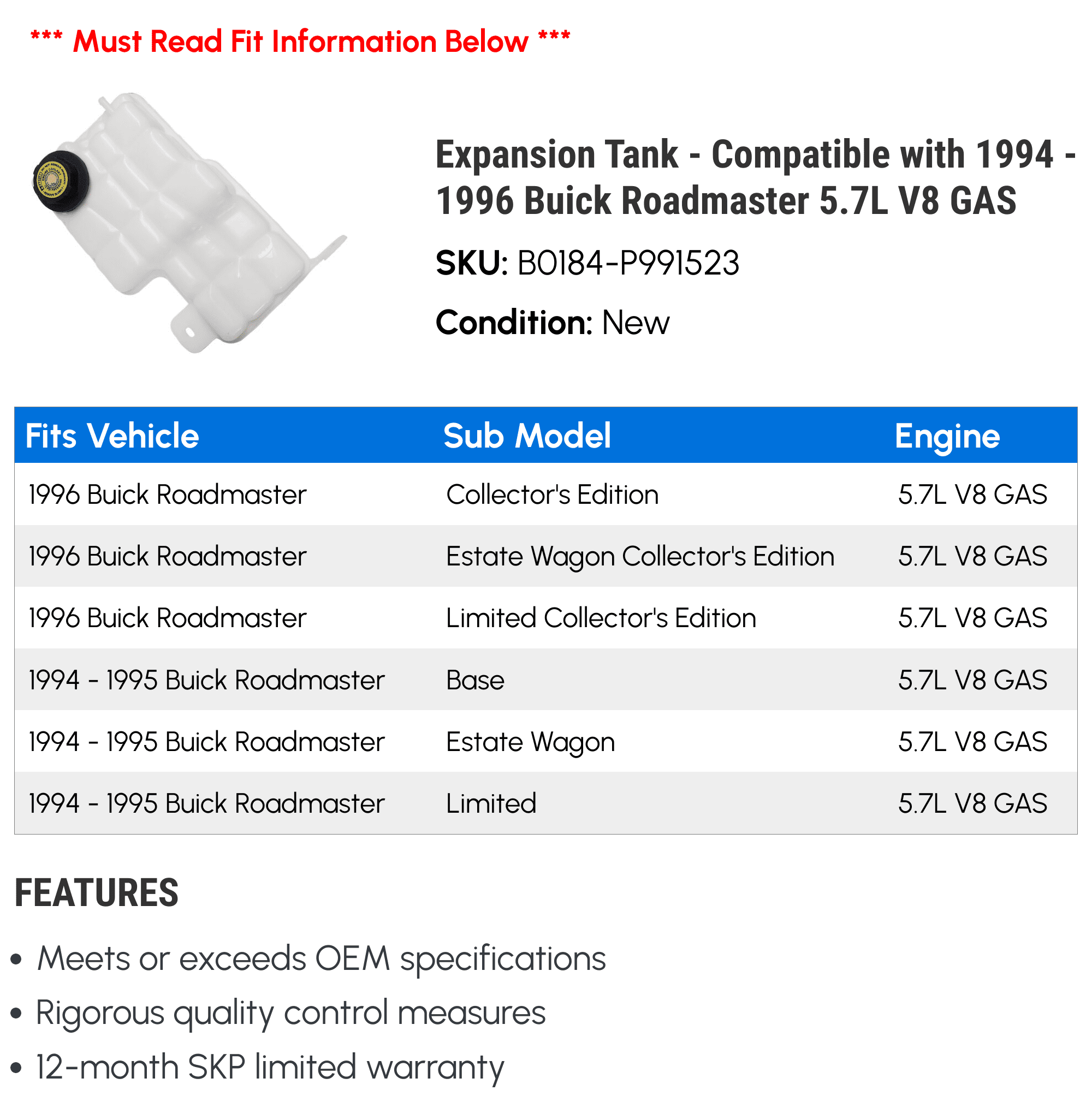 Expansion Tank - Compatible with 1994 - 1996 Buick Roadmaster 5.7L V8 GAS 1995