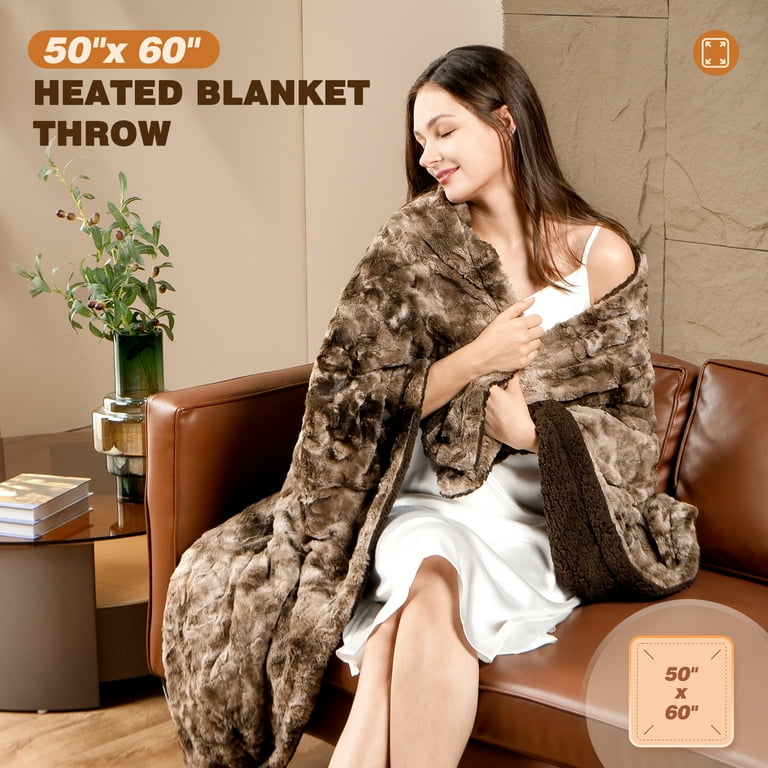 Electric Blanket Throw 50 x 60 Heated Blanket Faux Fur and Sherpa Fast Heating 4 Hour Auto off Heating Blanket Machine Washable Brown White