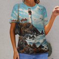 thumbnail image 6 of Lighthouse Sunrise Coast Scenery Pale Blue Tan Women's Short Sleeve Tops Casual Blouses T Shirt, 6 of 6
