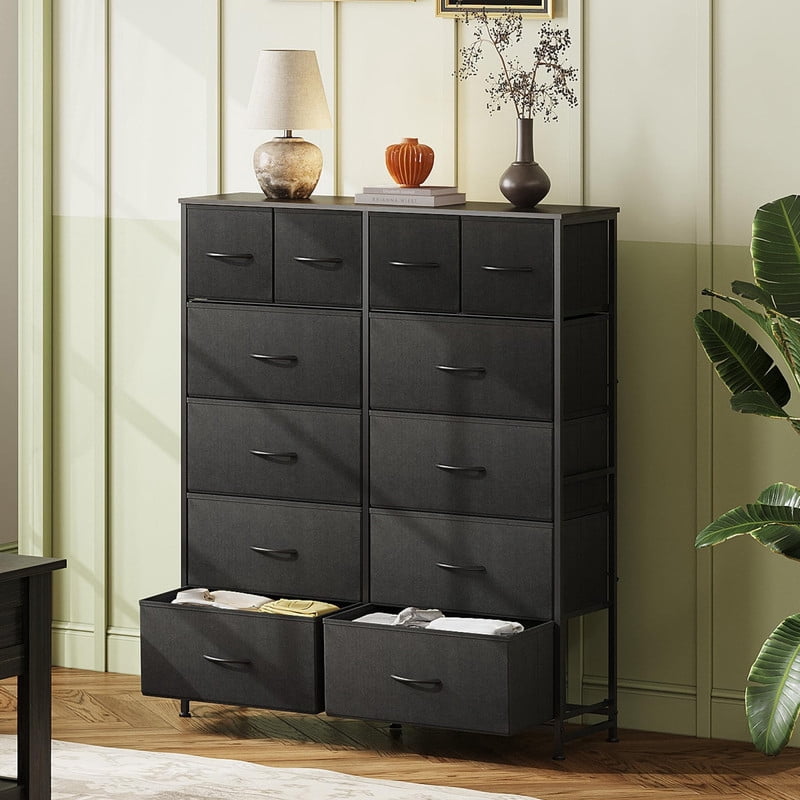 Kelno 12 Drawer Fabric Dresser Storage Tower Sturdy Steel Frame Wood Top Organizer, Black
