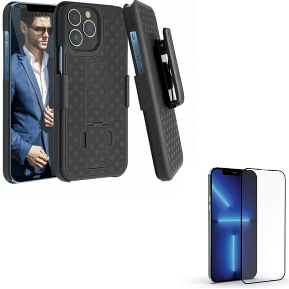 Case Belt Clip & Screen Protector for iPhone 13 Pro Max - Combo with Holster Swivel Cover Kickstand & Anti-Glare Tempered Glass Matte 3D