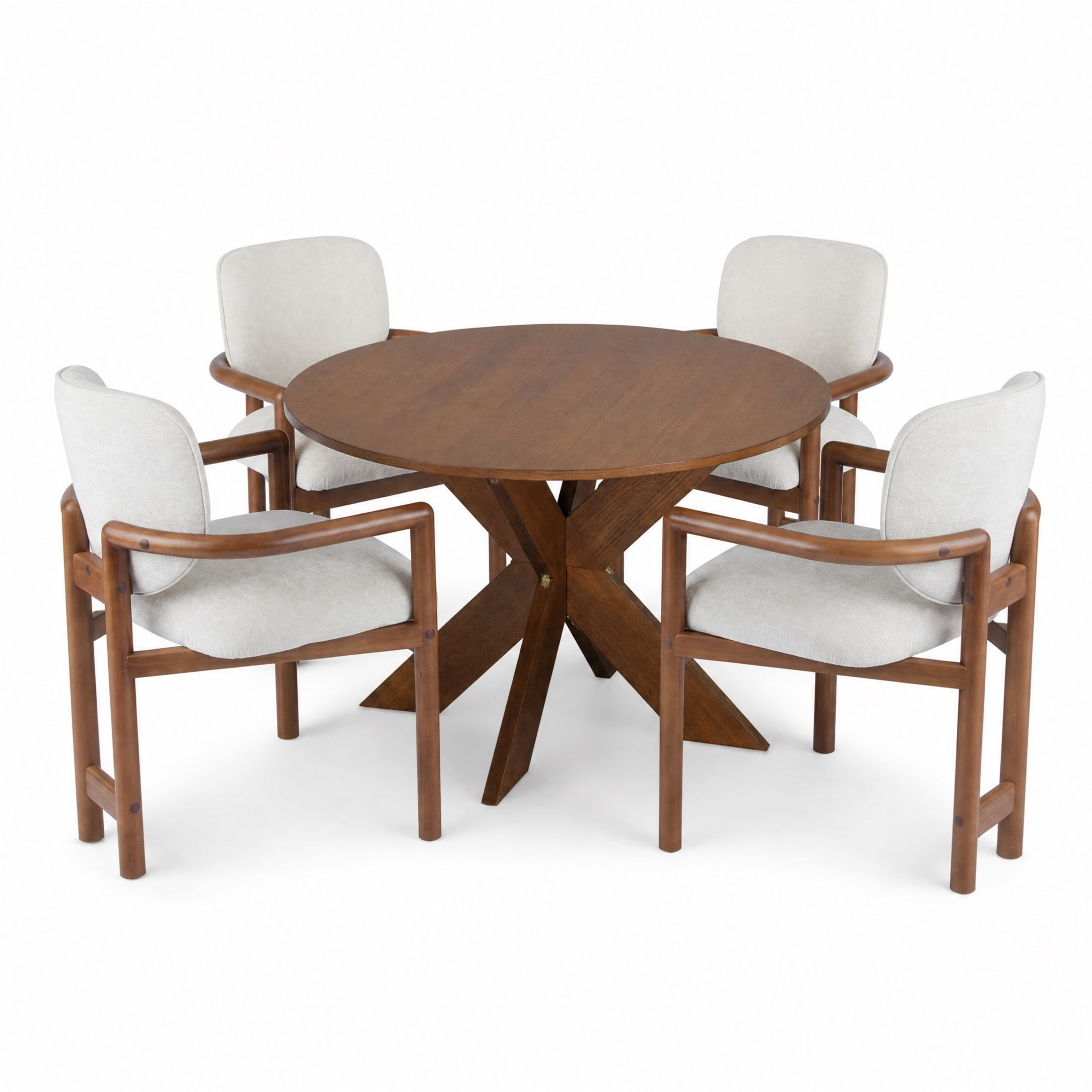 Christopher Knight Home 5-Piece Modern Dining Set, Cherry Round Table with Upholstered Armchairs, Brown+Beige