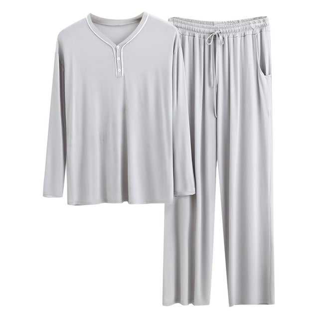 TSADFHJI Men Pajamas Cotton Fall Male Loungewear Button Two Piece Set Long Sleeve Top and Long Pants Solid Color Set Xl Grey
