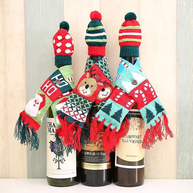 Suministros para decorar botellas de vino de Navidad, juego de gorro y bufanda de punto para Navidad, decoración de botellas de vino de Navidad
