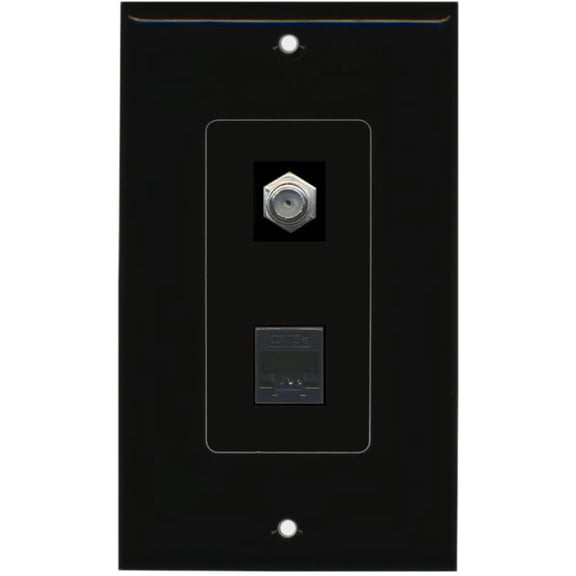 RiteAV - 1 Port Coax Port Cable TV F Type - 1 Port Cat5e Ethernet Decorative Wall Plate - Black - Bracket Included