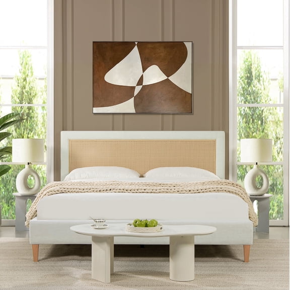 Haley Upholstered Cane-Back Platform Bed, King, Snow White Polyester