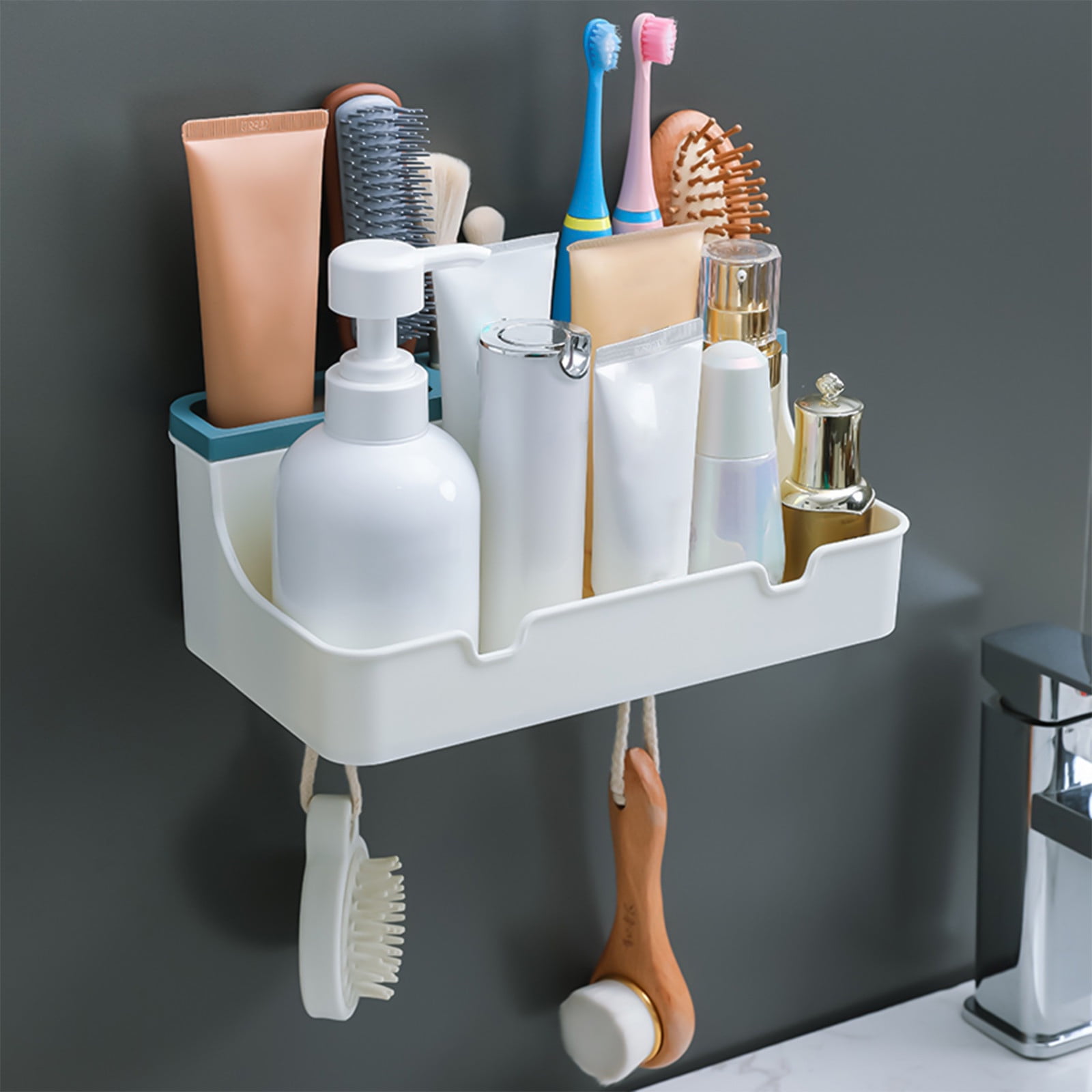 Mittory Adhesive White Shower Caddy, Adhesive No Drill Rack Floating