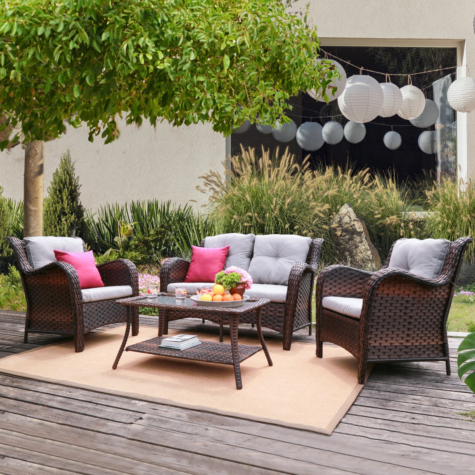 Elov Wicker/Rattan 4 Person Seating Group with Cushions, Seating