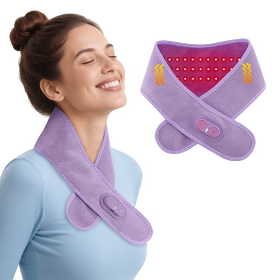 Neck Heating Pad with Vibration Massage, Cordless Heated Neck Wrap for Relaxtion, 660nm&850nm Rechargeable Neck Warmer with 3 Heating and Vibration ,Purple