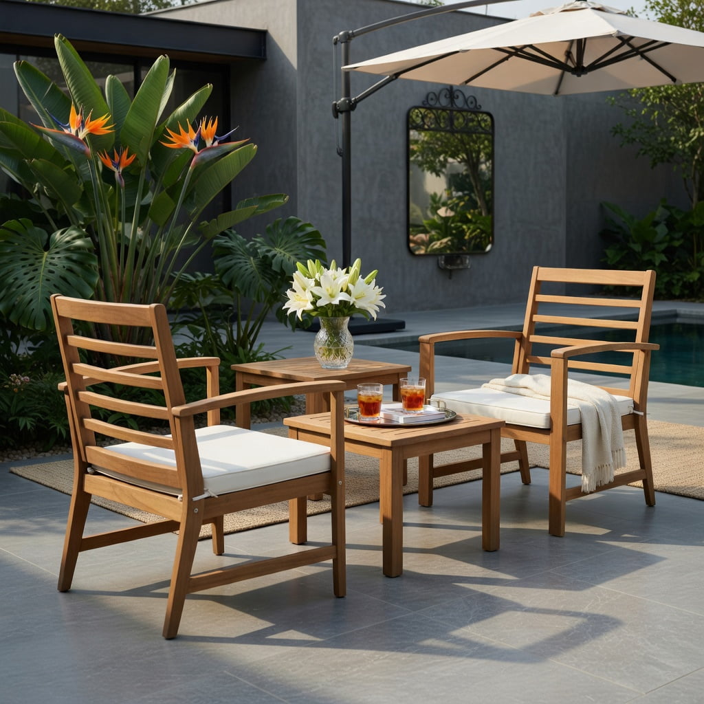 Hommoo 3-Piece Acacia Wood Outdoor Patio Furniture Set with Cushions, Durable Backyard Chair Set with Ergonomic Design and High-Density Foam Seating, White
