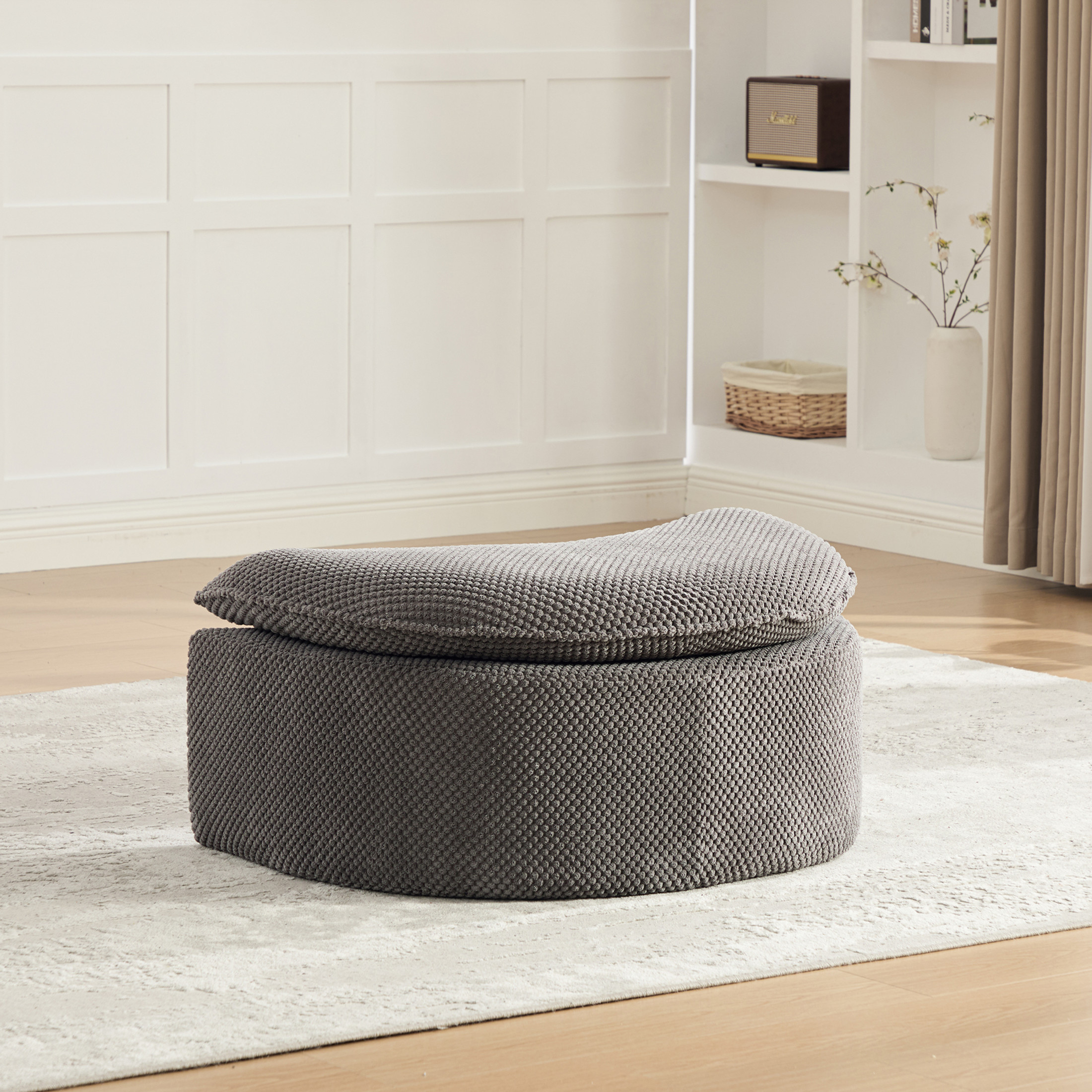 GDF Studio 34.45-Inch Moon-Shaped Footstool Ottoman with Pineapple Lattice Fabric, Gray