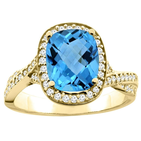 14K Yellow Gold Natural Swiss Blue Topaz Halo Ring Cushion 9x7mm Diamond Accent 1/2 inch wide, size 7