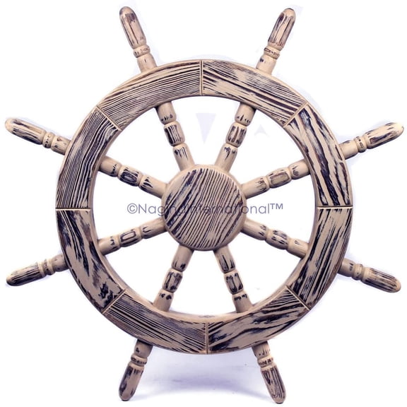 Nagina International Rustic Antique Beautiful Wall Decor Handcrafted Pine Nautical Ship Wheel | Maritime Exclusive Wall Decor (24 Inches, Junky White)