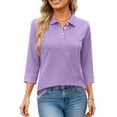 thumbnail image 6 of Women's Solid Color Polo Shirts 3/4 Sleeve Button Down Collared Shirts with Pocket Business Casual Work Tops Athletic Tennis Golf Shirt 3 Buttons Spring & Autumn Work Basic Blouse Light Purple L, 6 of 6