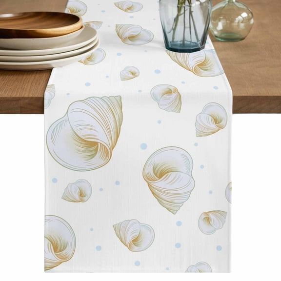 White Conch Coastal Cotton Linen Table Runner for Dining Kitchen, Nautical Summer Beach Ocean Sea Wedding Outdoor Party Tablerunners Decoration, Dresser Scarf Coffee Tablecloth Runners 13x72 Inches