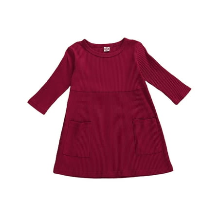 

Toddler Baby Girl Autumn Dress Solid Clothes 3/4 Sleeve Dress Ribbed Pocket Spring Clothes Outfits