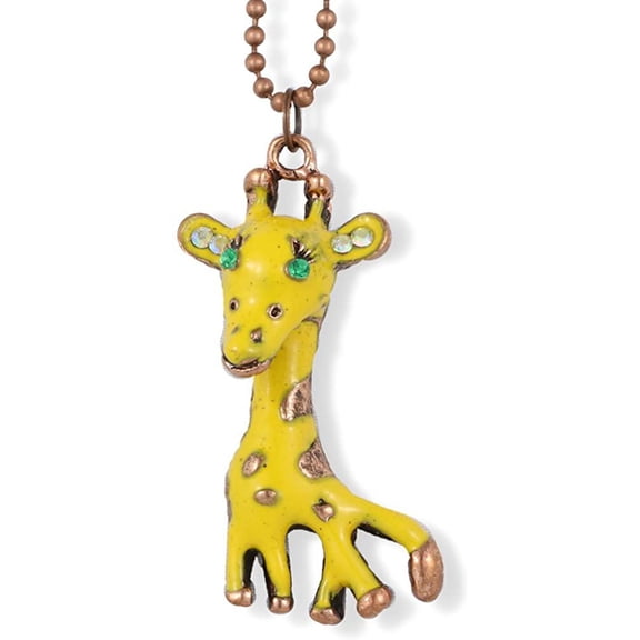 Giraffe Yellow with Green Eyes on Brass Round Necklace