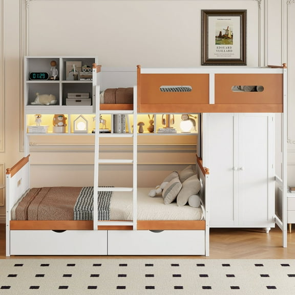 Twin Over Full Wooden Bunk Bed with Wardrobe, Drawers, Shelves and LED light(White Orange)