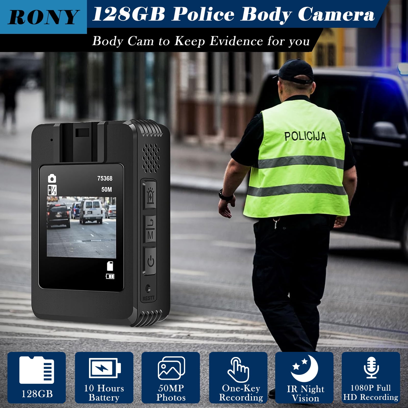 RONY 128GB Wearable Body Camera with Audio and Video Recording, 1080P FHD Body Cam with IR Night Vision for Law Enforcement Security Guard Civilian
