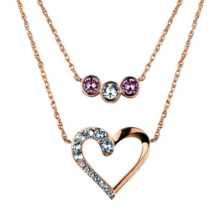 Crystal Rose Gold Necklace - 14K Flash Rose Gold Plate Layered Pink Crystal & Open Heart Crystal Necklace 16+2/18+2