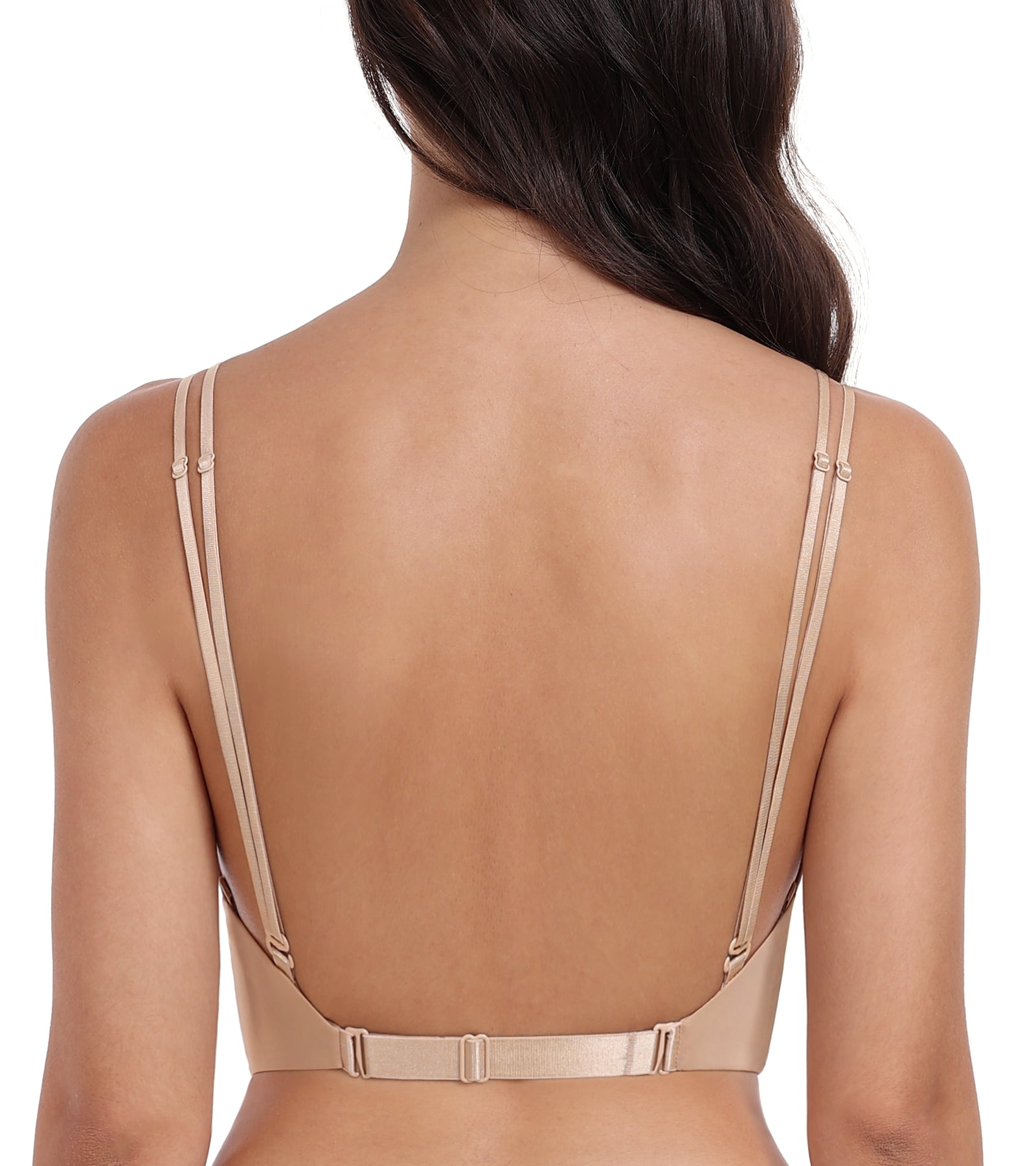 Exerin Women's Plunge Backless Bra Underwire Push Up Padded Multiway Low Back Bras(36A,Beige)
