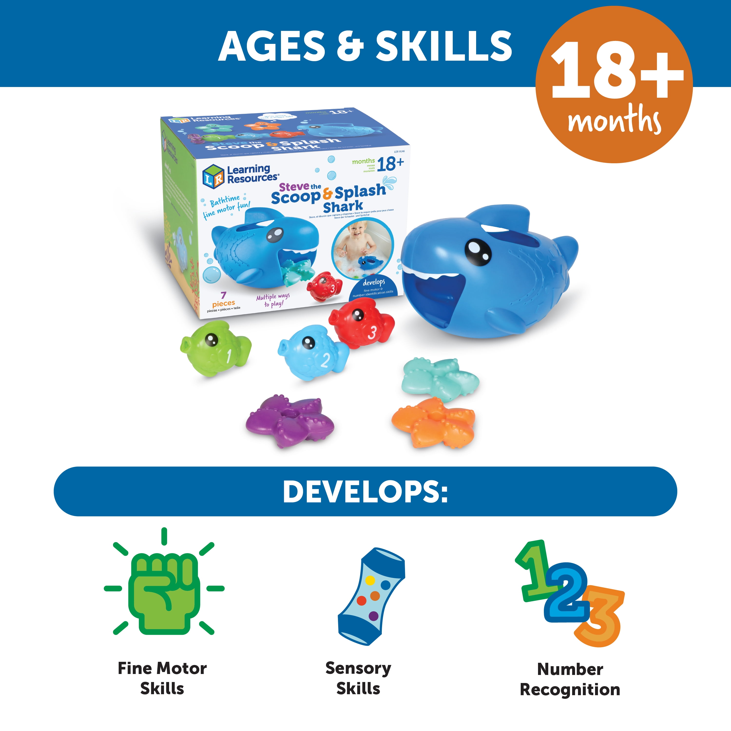 Learning Resources Steve the Scoop & Splash Shark - 7 pieces, Bath Toys for Boys and Girls Ages 18+ months