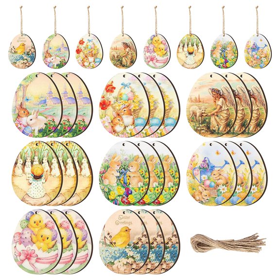 24 PCS Easter Hanging Eggs Ornaments, Wooden Easter Ornaments to Paint Easter Tree Hand Painted Eggs Decoration for Hunt Game Basket Stuffers Party Favors