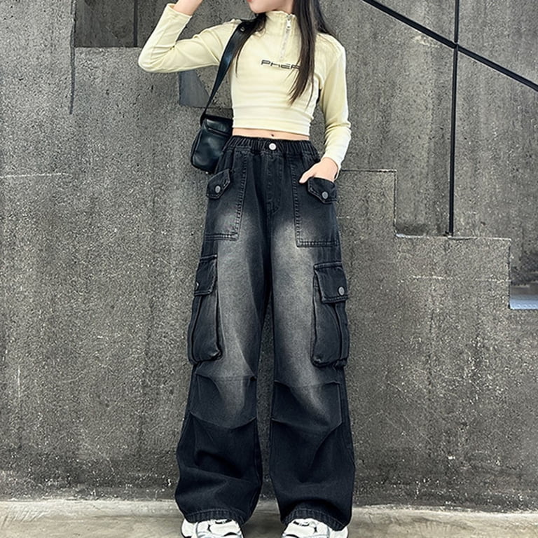 EnJoCho Girls Plus Size Cargo Jeans Straight Wide Leg Denim Pants