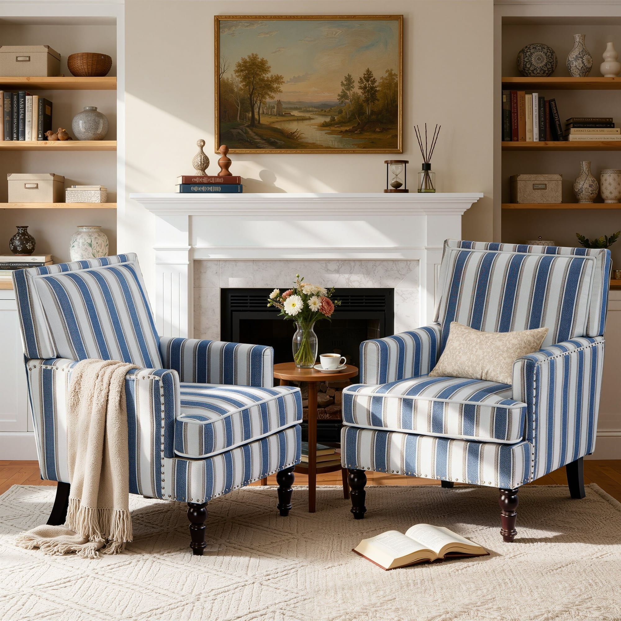 LEGAHOME Vintage Accent Chair, Upholstered Armchair with Nailhead Trim, Linen Fabric Arm Chair Comfort Reading Chair with Solid Wood Legs for Living Room Bedroom Office Sunroom, 350 lbs, Blue(1PC)