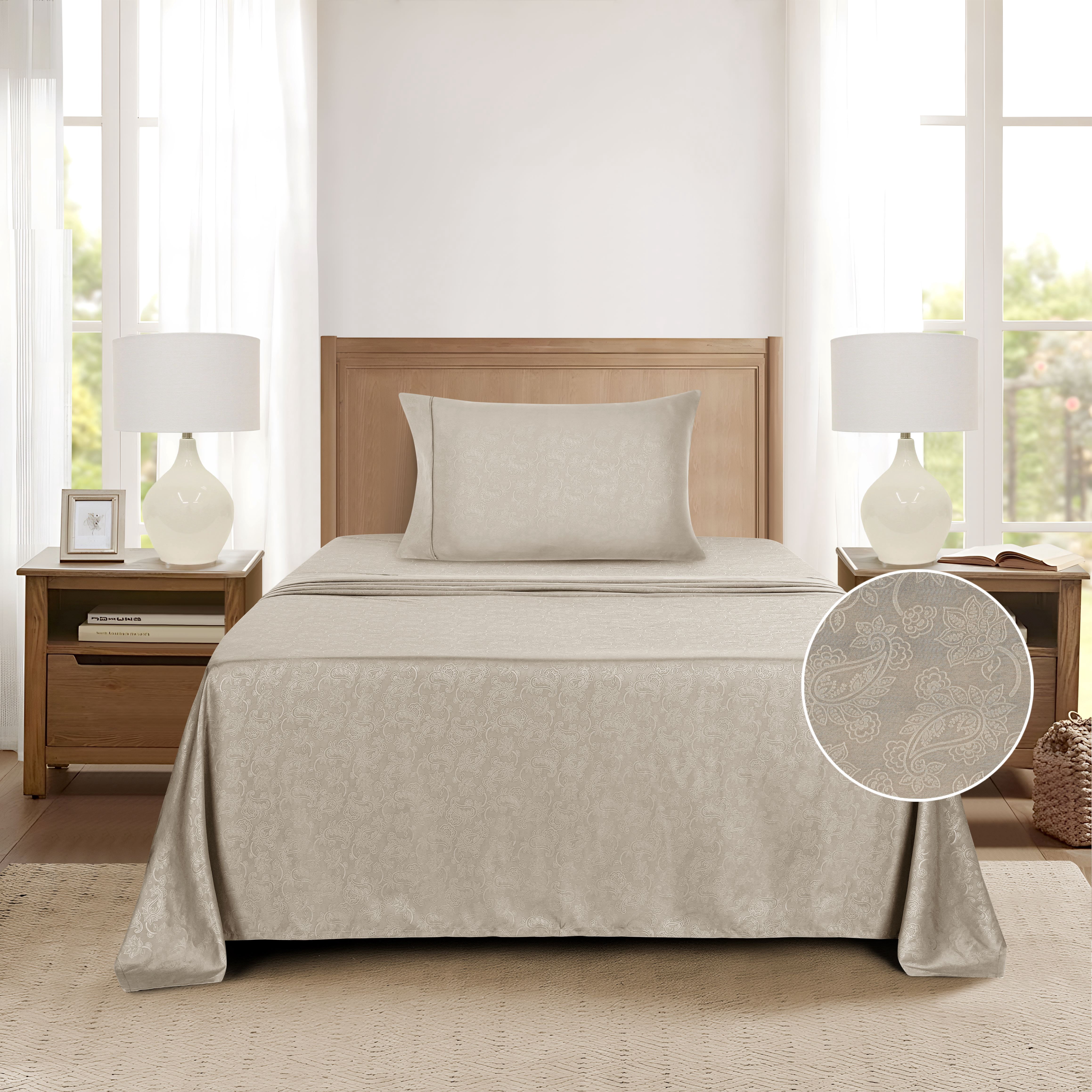 Mainstays Super Soft Brushed Microfiber Bed Sheet Set, Washed Tan Embossed Hayden Paisley, Twin-XL, 3 Piece