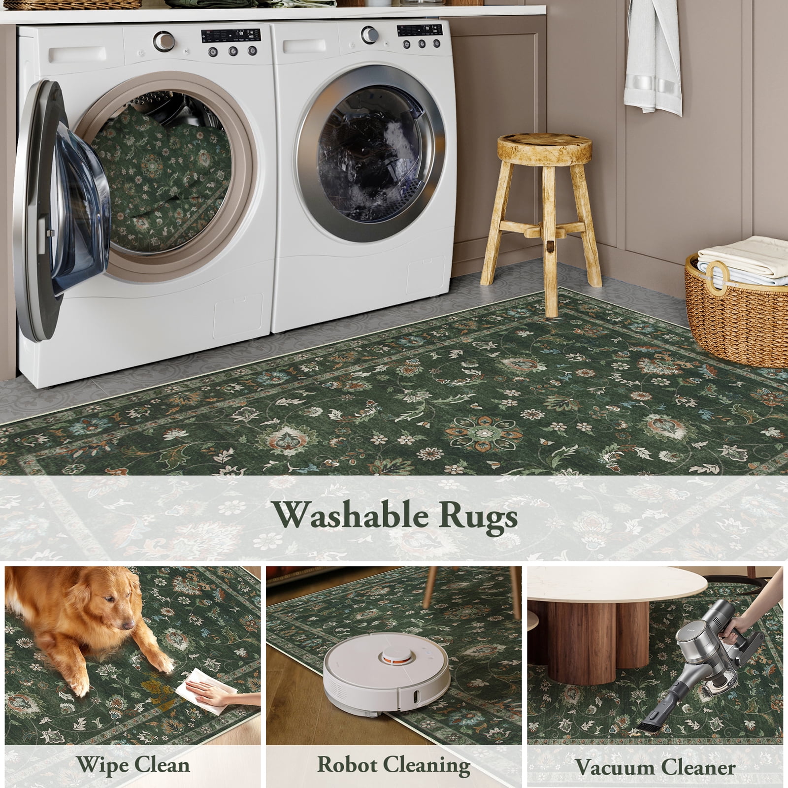 Lahome Decor Floral Area Rug 8x10, Machine Washable Rugs for Living Room, Non Slip Rug with Vintage Printed, Low Pile Carpet for Bedroom Dining Room Home Office, Green
