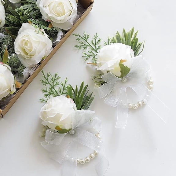6PCS Ivory Rose Wrist Corsage Wristlet Band Bracelet for Women Bride Bridesmaid White Wedding Prom