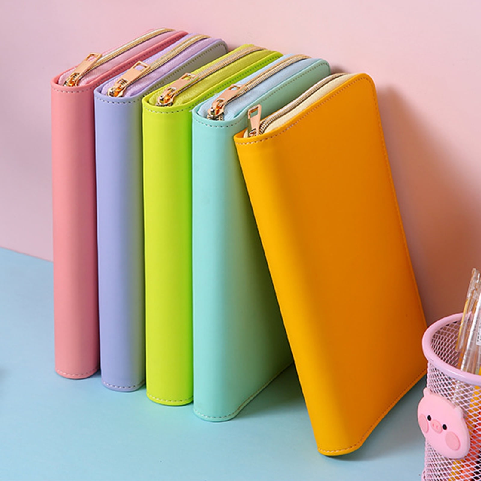 Refillable PU Leather 6-Ring Binder Cover with Zippered Closure, Card Pocket & Elastic Pen Slot