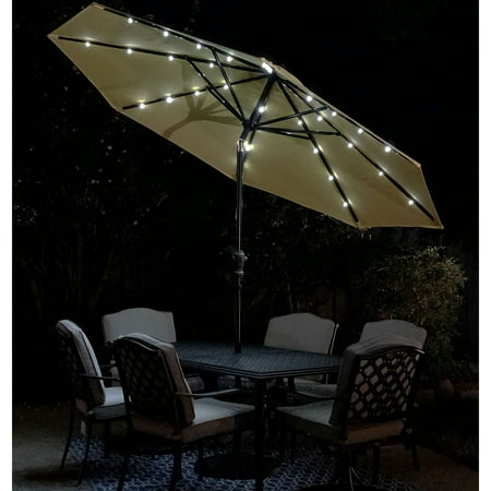 Sun Ray - 9' Round Solar Lighted Umbrella - Taupe