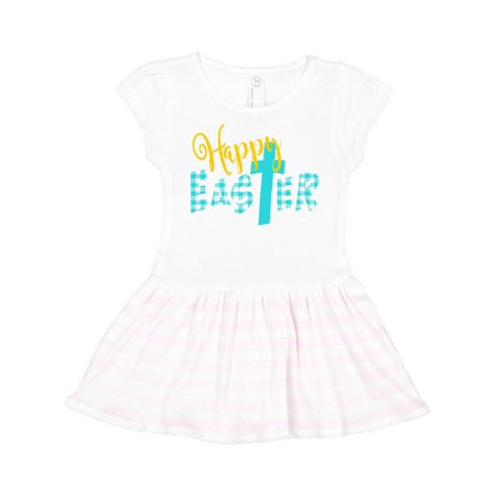 

Inktastic Happy Easter with Cross in Teal Plaid Gift Toddler Girl Dress