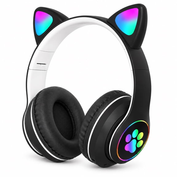 LUEYL Cat Ear Bluetooth Headphones for Kids, LED Lights, Built-in Mic, Foldable Over-Ear Headset with 3.5mm Wired Option for Music and Travel, Black