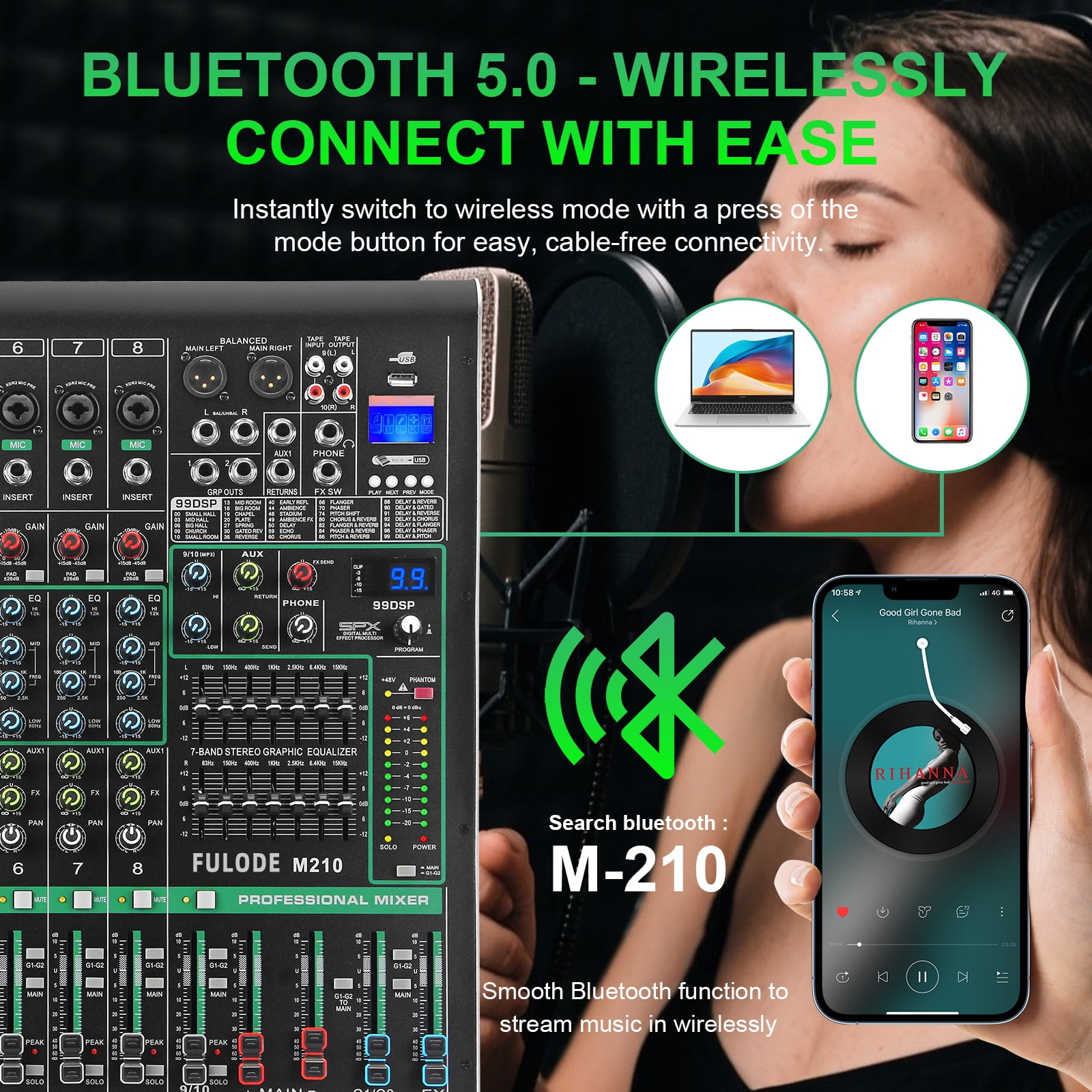 10 Channel Mixer Audio, Professional Music Sound PA Mixer DJ Mixing Board Console with 99 DSP Effects, Dual 7-Band EQ, Bluetooth, USB Interface, PAD, MUTE Button for Recording Stage Karaoke