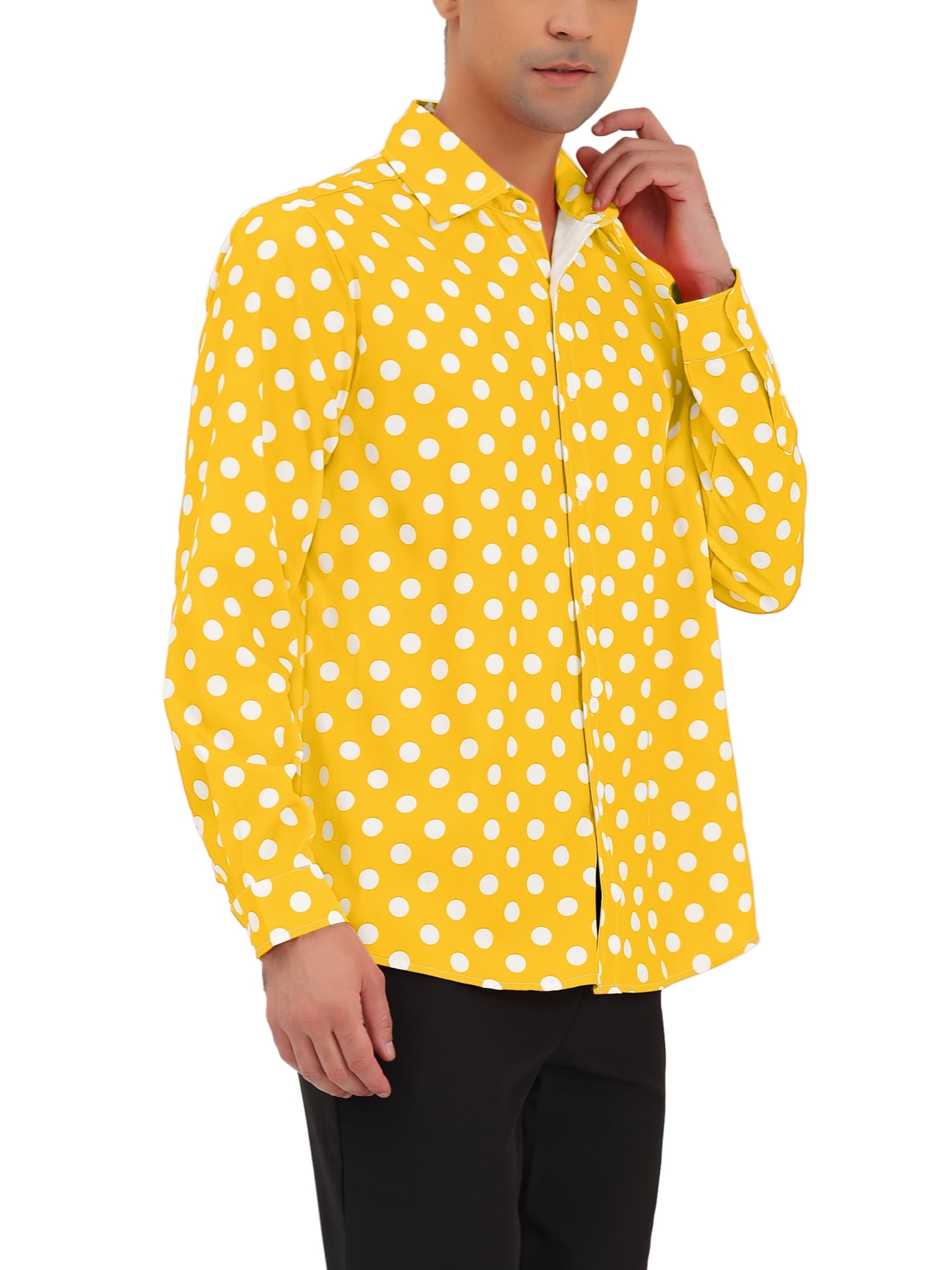 Unique Bargains Men's Long Sleeve Button Slim Polka Dots Shirt 34 Yellow