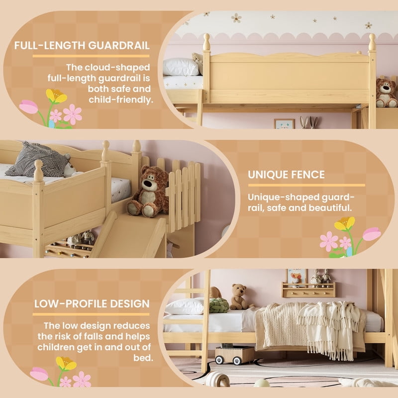 Full-Over-Full Size Kids Bunk Bed with Open Storage Shelves & Small Wardrobe, Wooden Princess Bed Frame with Ladder & Slide