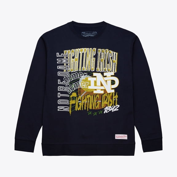 Men's Mitchell & Ness  Navy Notre Dame Fighting Irish Half Time Fleece Crewneck Sweatshirt