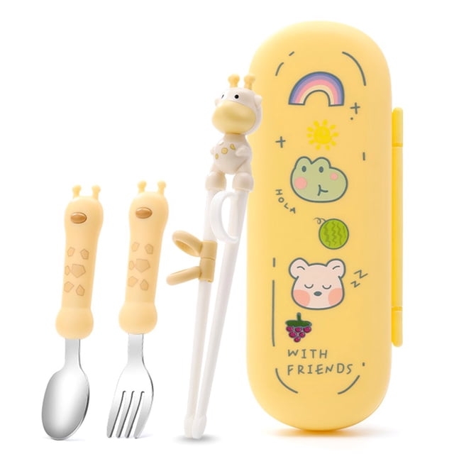 4Pcs/Set Children Tableware Cartoon Deer Anti-scald Stainless Steel Spoon Fork Chopsticks Set for Toddler